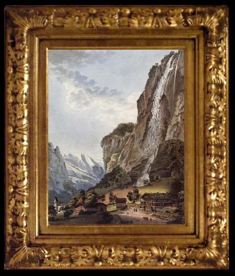 framed  Johann Ludwig Aberli Fall d-eau apellee Staubbach in the Vallee Louterbrunnen, Ta144
